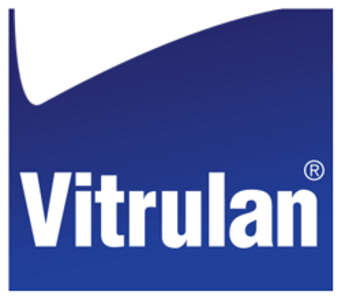 A blue and green banner with the word " vitrulan ".