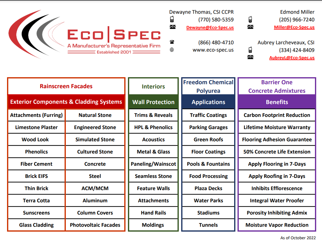 Eco Spec Products And Services Categories October